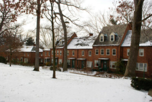 A row of brick houses with snow on the ground, surrounded by bare trees in a winter landscape.
