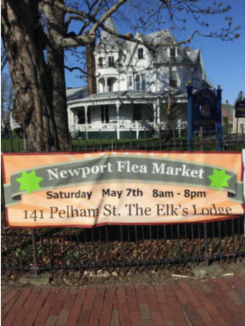 Banner for Newport Flea Market, May 7th, 8am-8pm, at 141 Pelham St. The Elk's Lodge, with a historic house in the background.