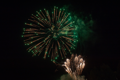 A vibrant display of green and gold fireworks bursting in the night sky, with smoke trailing below.