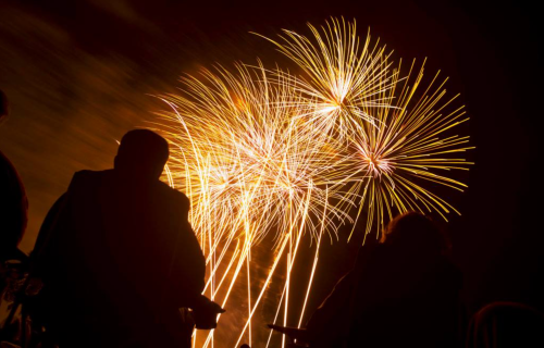 Silhouettes of people watching vibrant fireworks explode in the night sky.