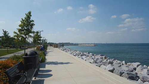 A scenic waterfront path lined with trees and benches, leading to a rocky shoreline under a clear blue sky.