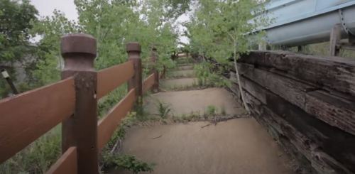 A narrow, winding path surrounded by greenery and wooden fences, leading through a natural setting.