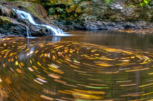 A serene pond with swirling autumn leaves, framed by rocks and a gentle waterfall in a tranquil forest setting.