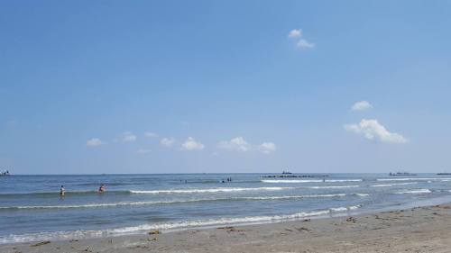 A sunny beach scene with gentle waves, people wading in the water, and a clear blue sky.
