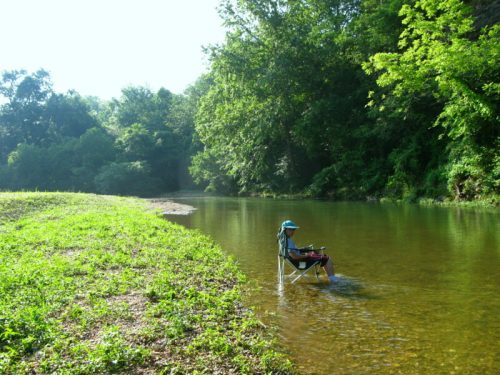 A person sitting in a chair by a calm river, surrounded by lush greenery and trees on a sunny day.