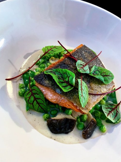 A beautifully plated dish featuring seared salmon on a bed of green peas, garnished with microgreens and a creamy sauce.