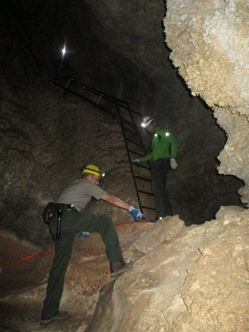 Two people in helmets explore a cave, one climbing a rocky area while the other stands near a ladder.