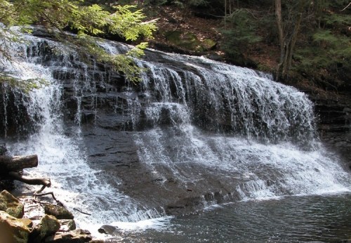 A serene waterfall cascading over rocky terrain, surrounded by lush greenery and a calm pool below.