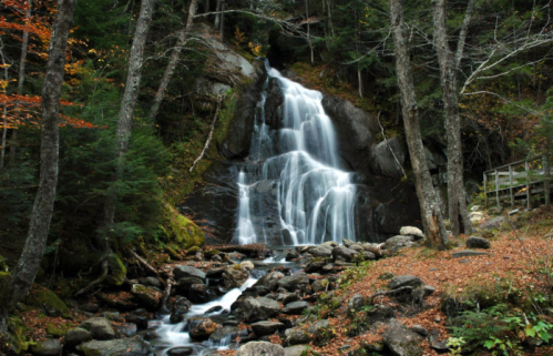 A serene waterfall cascades over rocks, surrounded by trees and autumn foliage in a tranquil forest setting.
