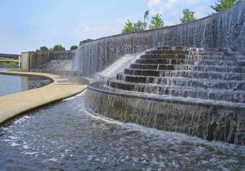 A cascading waterfall flows over stone steps into a serene body of water, surrounded by greenery and a clear blue sky.