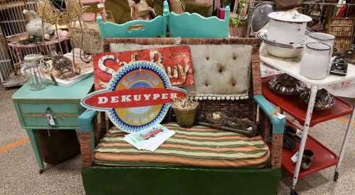 A vintage bench with a green frame, striped cushion, and Dekuyper sign, surrounded by various antique items.