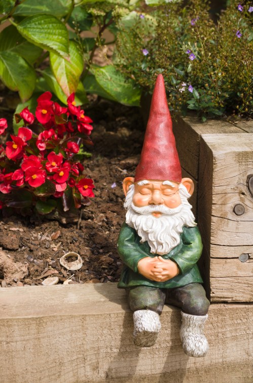 A garden gnome with a red hat and green outfit sits beside colorful flowers in a wooden planter.