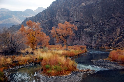 A serene landscape featuring a winding river surrounded by autumn trees and rocky mountains in the background.