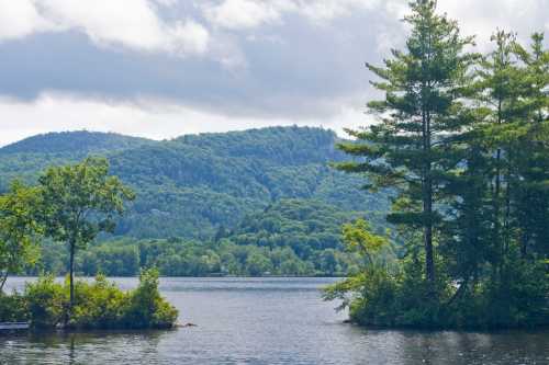 A serene lake surrounded by lush green trees and rolling hills under a cloudy sky.