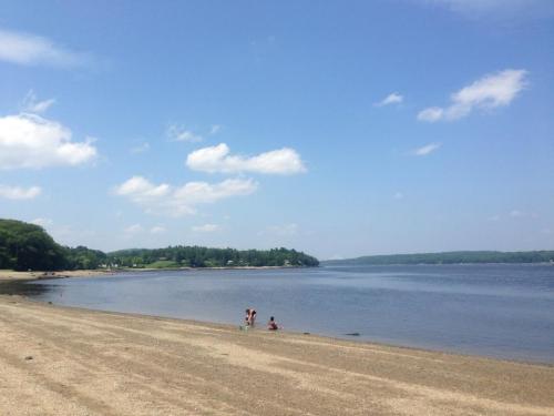 A sandy beach with a calm river, under a blue sky with fluffy clouds, and a few people enjoying the water.