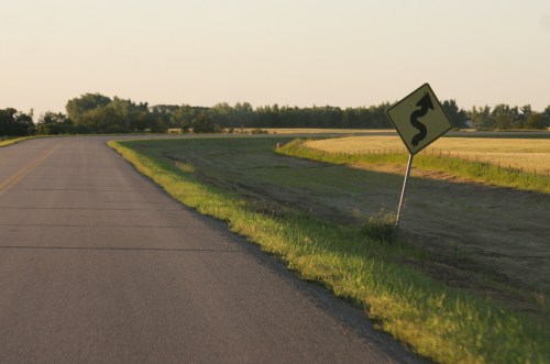 A winding road sign leans beside a rural road, with fields and trees in the background under a clear sky.