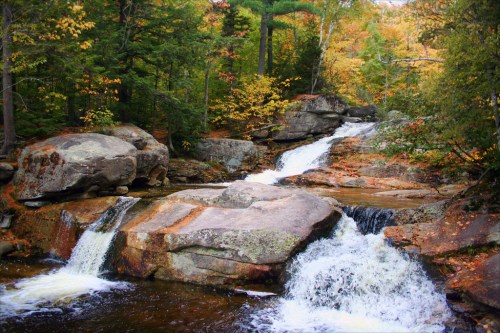 A serene waterfall cascades over rocks, surrounded by vibrant autumn foliage and lush green trees.