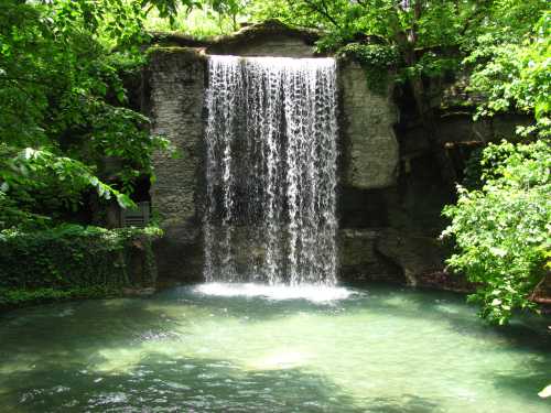 A serene waterfall cascading into a clear pool, surrounded by lush green trees and foliage.