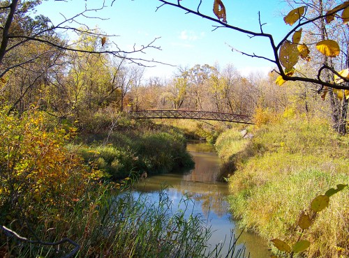 A serene landscape featuring a winding creek, lush greenery, and a small bridge under a clear blue sky.