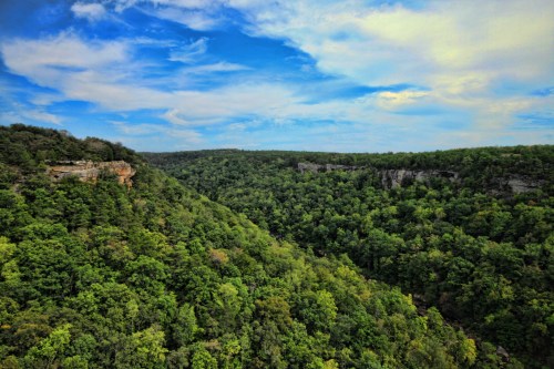 A panoramic view of lush green hills under a blue sky with scattered clouds.
