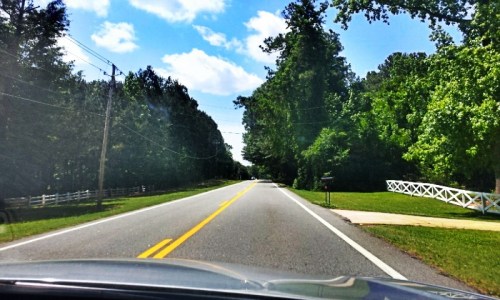 A scenic view of a two-lane road lined with trees under a blue sky with fluffy clouds.