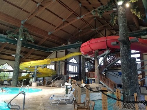Indoor water park featuring yellow and red water slides, a pool, and wooden decor with a high ceiling.