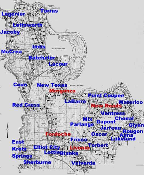 Map showing various locations with names labeled in blue and red, including towns like Morganza, New Roads, and Livonia.