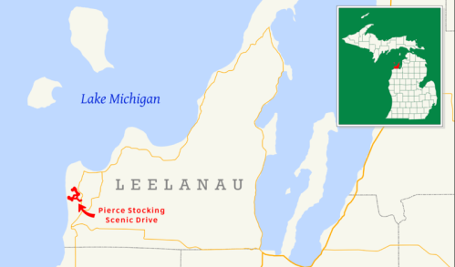 Map of Leelanau County, Michigan, highlighting Pierce Stocking Scenic Drive and its location near Lake Michigan.