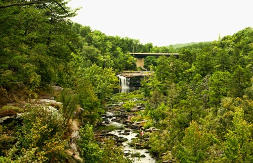 A serene landscape featuring a waterfall surrounded by lush greenery and a bridge in the background.