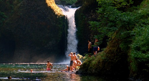 People enjoying a sunny day by a waterfall, swimming and relaxing in a natural pool surrounded by lush greenery.