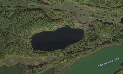 Aerial view of a dark pond surrounded by lush greenery, near Little Menomin Lake.