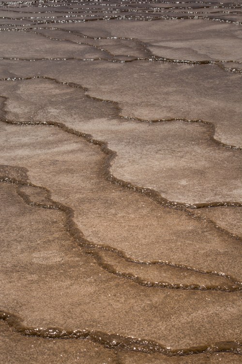 A textured surface with shallow water channels reflecting light, creating a pattern of ripples and lines.