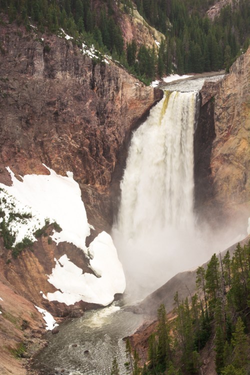 A majestic waterfall cascades down rocky cliffs, surrounded by snow and lush green trees.