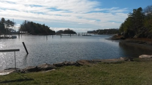 A serene waterfront scene with calm water, grassy shore, and trees under a partly cloudy sky.