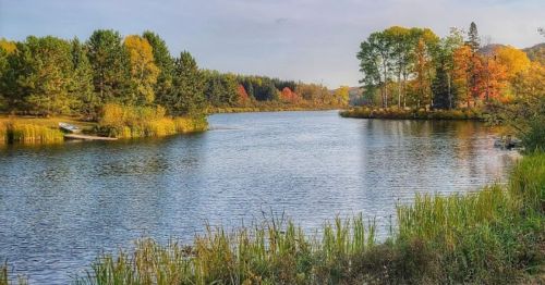 A serene river surrounded by trees with vibrant autumn foliage reflecting in the water.