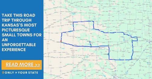 Map highlighting a road trip route through picturesque small towns in Kansas, with a call to action to read more.