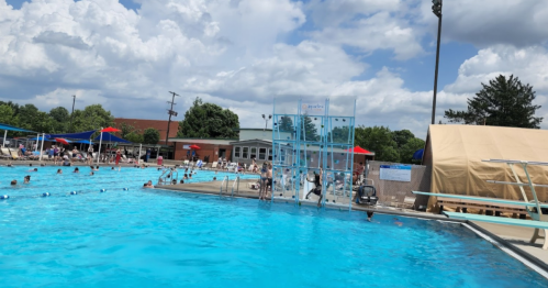 A sunny outdoor swimming pool with people swimming, diving boards, and umbrellas, surrounded by trees and buildings.