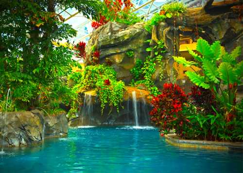 Lush indoor tropical oasis with a waterfall, vibrant plants, and a serene blue pool.