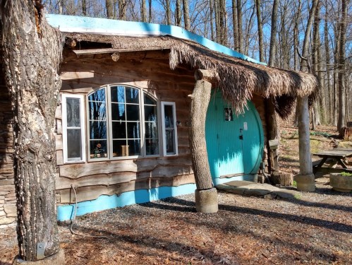 A rustic wooden cabin with a turquoise door, surrounded by trees and a gravel path.