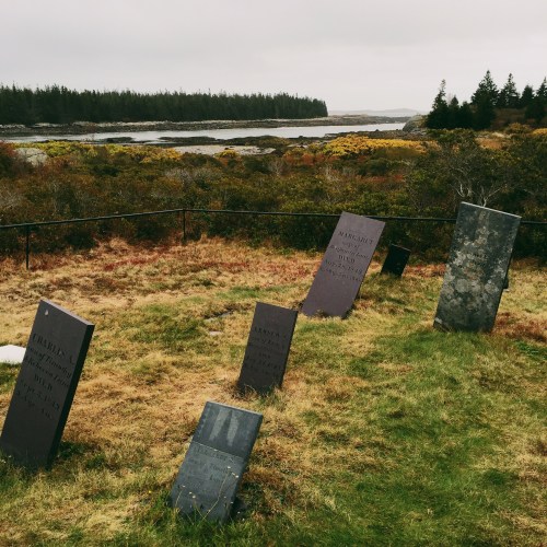 A scenic view of a cemetery with tilted gravestones overlooking a calm body of water and trees in the background.