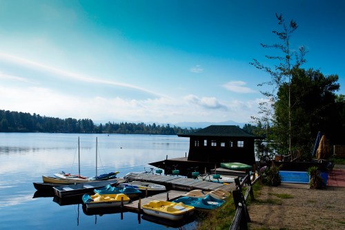 Serene lake view with colorful paddle boats docked, surrounded by trees and a small building under a clear blue sky.
