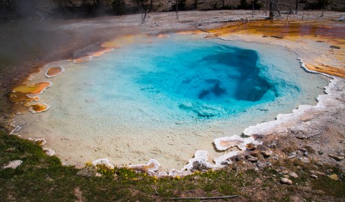 A vibrant blue hot spring surrounded by colorful mineral deposits and grassy edges in a natural landscape.