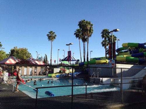 A sunny water park scene with a pool, water slides, palm trees, and colorful tents. People enjoy the attractions.