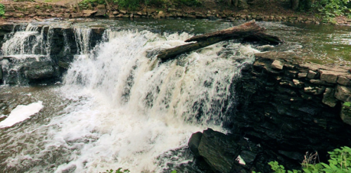 A small waterfall cascades over a stone ledge into a river, surrounded by lush greenery and trees.