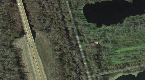 Aerial view of a road alongside a wooded area and a pond, with a small clearing visible near the water's edge.