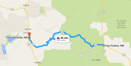 Map showing a route from Tierra Amarilla, NM to Tres Piedras, NM, indicating a travel time of 56 minutes over 48.9 miles.