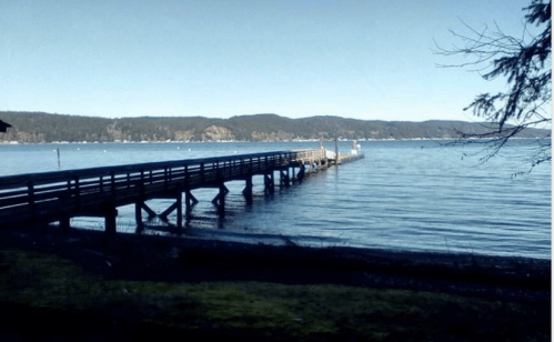 A wooden pier extends into a calm lake, surrounded by mountains under a clear blue sky.