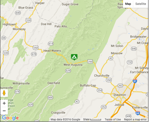 Map showing West Augusta and surrounding areas, with roads and geographical features highlighted.