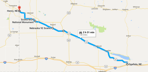 Map showing a route from Henry, NE to Ogallala, NE, highlighting Scotts Bluff National Monument along the way.