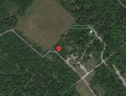 Aerial view of a wooded area with a road labeled "Bliss Rd" near Forest Shelter, Route 66, State Park, Eureka, MO.